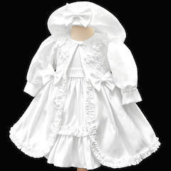 Baby Girls White Frilly Bow Dress, Coat & Hat